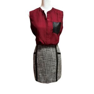 Banana Republic Black & White Tweed Wool Blend Skirt | Faux Leather Trim | Sz 6